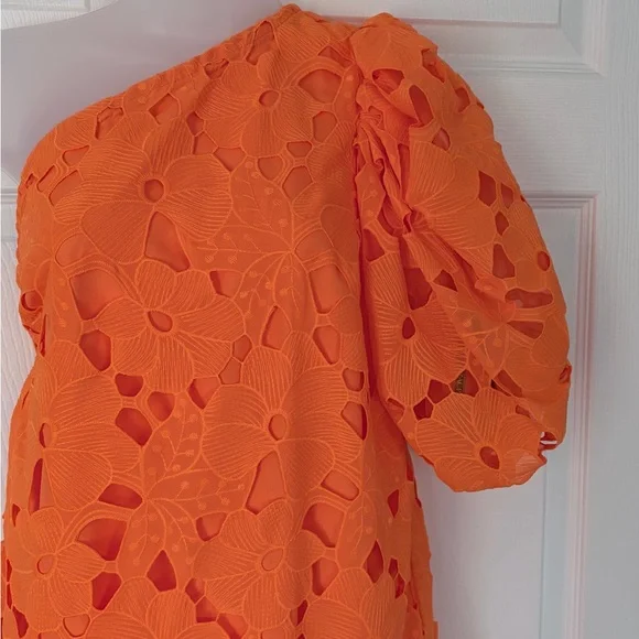 Zac Posen Dress Mini Floral Embroidered One-Shoulder Apricot Dress Size 4 - Picture 7 of 16